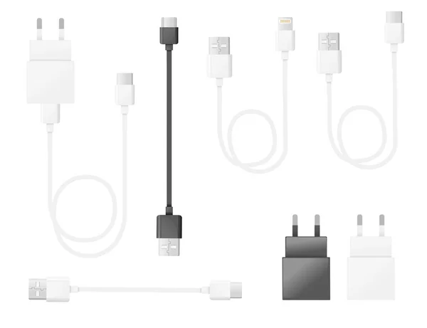 Conjunto de teléfonos celulares conectores de carga USB diferentes tipos de usb estándar de ilustración vectorial en blanco — Vector de stock