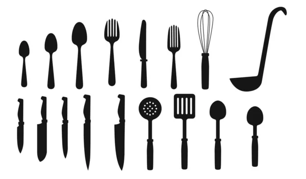 Черный силуэт столовые приборы набор с кухонными ножами ложки вилки векторные иллюстрации на белом фоне — стоковый вектор