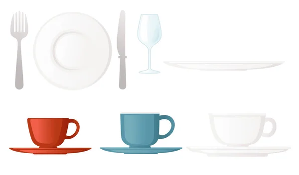 Ensemble vaisselle de cuisine propre avec des tasses assiettes soucoupes illustration vectorielle sur fond blanc — Image vectorielle