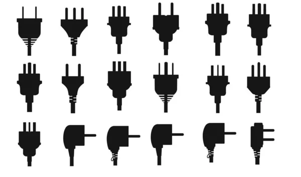 Conjunto de silhuetas pretas de diferentes tipos de plugues de energia ilustração vetorial no fundo branco — Vetor de Stock