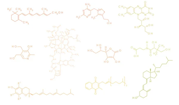 Conjunto de vitaminas fórmula molecular y estructura vector ilustración sobre fondo blanco — Vector de stock