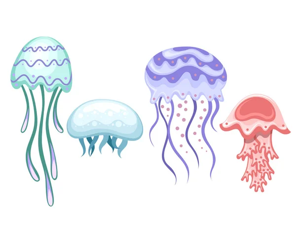 Medusas de color rosa marino y morado. Animal tropical submarino. Medusa organismo acuático, diseño de dibujos animados. Ilustración vectorial plana aislada sobre fondo blanco . — Archivo Imágenes Vectoriales