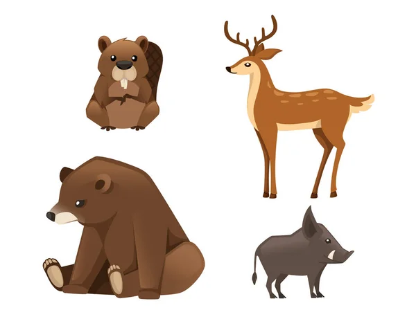 Sada roztomilých lesních zvířat medvěd, jelen, divočák, bobr izolovaný na bílém pozadí — Stockový vektor