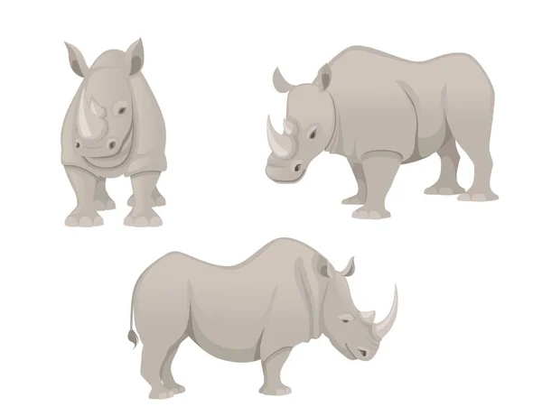 Ensemble de rhinocéros africains vue de côté dessin animé animal design plat vecteur illustration isolé sur fond blanc — Image vectorielle