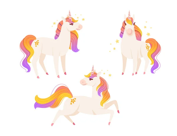 Conjunto de magia animal mítico de cuento de hadas dibujos animados unicornio diseño animal ilustración vectorial plana aislado sobre fondo blanco — Vector de stock