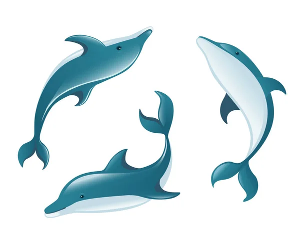 Conjunto de dibujos animados de delfines azules diseño de animales marinos ilustración vectorial plana aislada sobre fondo blanco — Vector de stock