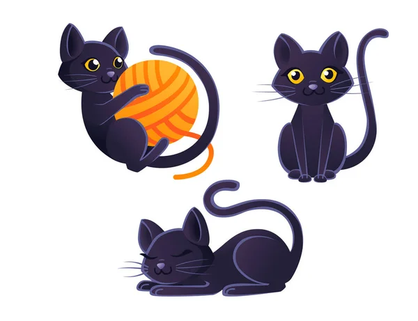 Set von niedlichen entzückenden schwarzen Katze spielt mit orangefarbenen Knäuel aus Wolle Cartoon Animal Design flache Vektorillustration auf weißem Hintergrund — Stockvektor