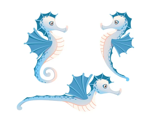 흰색 배경에 분리되어 있는 pf 귀엽고 귀여운 파란색 해마 만화를 그려 넣은 바 다 동물 디자인 평면 벡터 일러스트 — 스톡 벡터