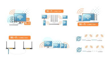 Yönlendiricilerle illüstrasyon wifi veya 5g ağ bağlantısı seti ve beyaz arkaplanda vektör illüstrasyonunu gösterir