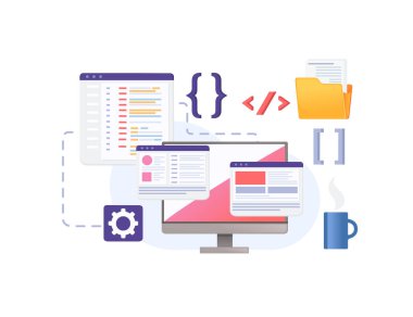 Beyaz arkaplan üzerinde çevrimiçi veri paylaşım vektör illüstrasyonuna sahip programlama dilleri kullanarak geliştirme kavramı