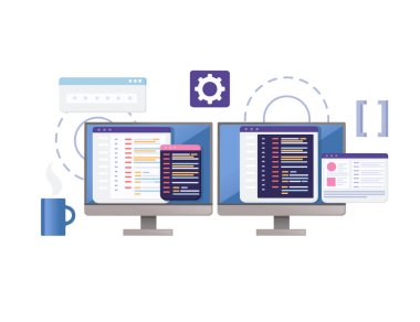 Beyaz arkaplan üzerinde çevrimiçi veri paylaşım vektör illüstrasyonuna sahip programlama dilleri kullanarak geliştirme kavramı