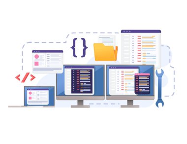 Beyaz arkaplan üzerinde çevrimiçi veri paylaşım vektör illüstrasyonuna sahip programlama dilleri kullanarak geliştirme kavramı