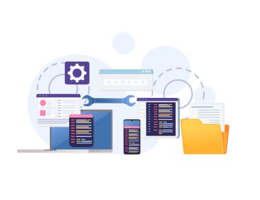 Beyaz arkaplan üzerinde çevrimiçi veri paylaşım vektör illüstrasyonuna sahip programlama dilleri kullanarak geliştirme kavramı