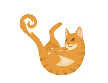 Kızıl kedi çizgi filmi beyaz arka planda izole edilmiş, kuyruklu hayvan çizgi film tasarım vektör çizimi ile oynuyor.