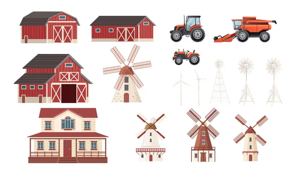 Conjunto de edificios rurales con tractor maquinaria agrícola y combinar granero casa de campo molino de viento vector ilustración sobre fondo blanco — Archivo Imágenes Vectoriales