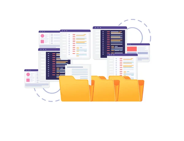 Concepto para el desarrollo utilizando lenguajes de programación con ilustración vectorial de datos compartidos en línea sobre fondo blanco — Archivo Imágenes Vectoriales