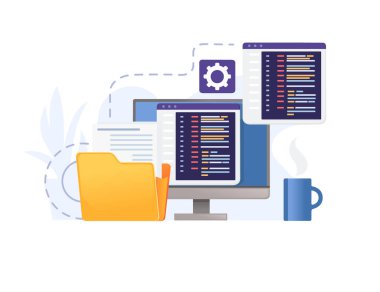 Beyaz arkaplan üzerinde çevrimiçi veri paylaşım vektör illüstrasyonuna sahip programlama dilleri kullanarak geliştirme kavramı