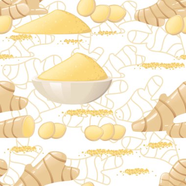 Ginger baharatının pürüzsüz deseni, bütün ve değirmenli toz Ginger vektör çizimi.