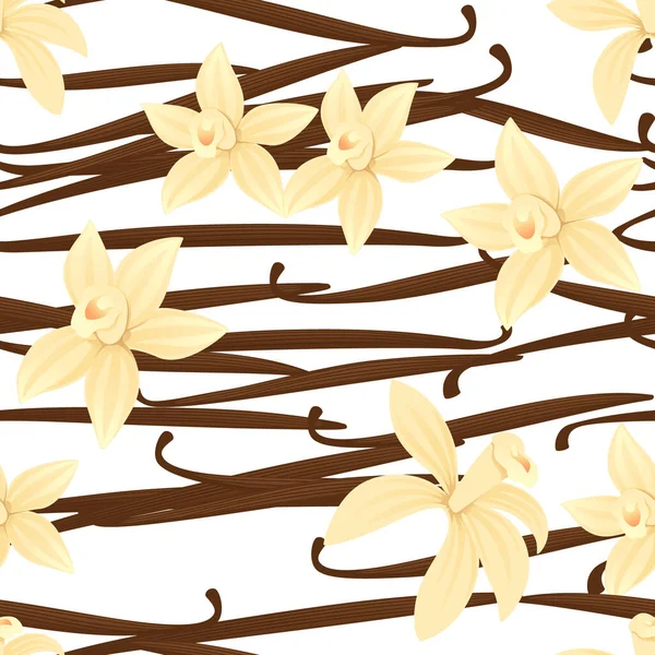 Naadloos Patroon Van Vanillestokjes Met Bloemen Vector Illustratie Witte Achtergrond — Stockvector