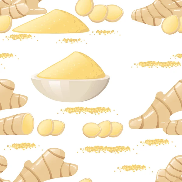 Seamless Pattern Ginger Seasoning Whole Milled Powder Ginger Vector Illustration — Stock Vector