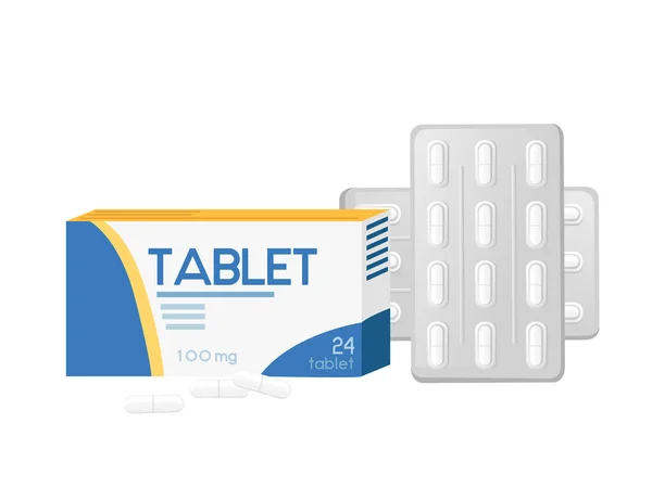 Tablet Polyester Genomskinlig Blisterförpackning Med Kartong Förpackning Medicinsk Leverans Vektor — Stock vektor