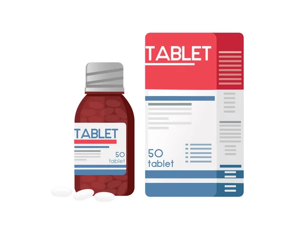 Tablet Frasco Vidro Com Embalagem Papelão Ilustração Vetorial Fornecimento Médico — Vetor de Stock