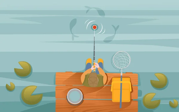 Pescador Senta Cais Madeira Pesca Com Haste Vetor Ilustração —  Vetores de Stock