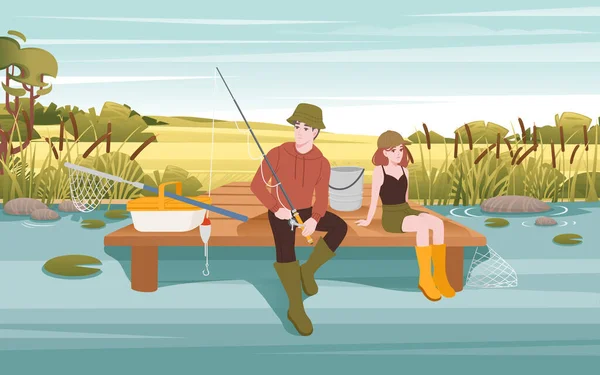 Pêcheurs Assis Sur Jetée Bois Pêche Avec Illustration Vectorielle Canne — Image vectorielle