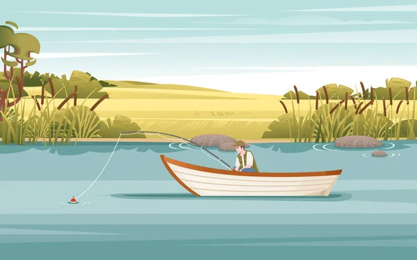 Rybáři Sedí Dřevěné Lodi Rybaření Tyčí Vektor Ilustrace Pozemní Prostor — Stockový vektor
