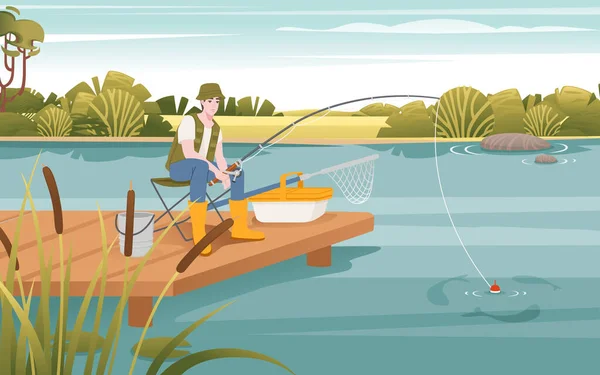 Fisherman Sits Wooden Pier Fishing Rod Vector Illustration — Stock Vector