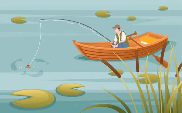 Fishermans Zit Houten Boot Vissen Met Staaf Vector Illustratie Landruimte — Stockvector