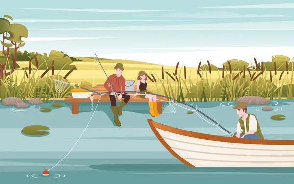 Fishermans Zit Houten Boot Vissen Met Staaf Vector Illustratie Landruimte — Stockvector