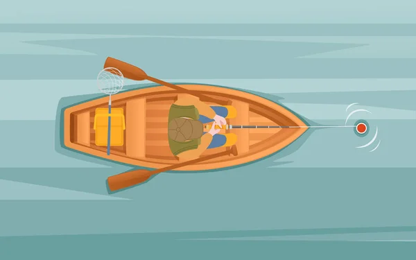 Pescadores Senta Barco Madeira Pesca Com Haste Vetor Ilustração —  Vetores de Stock