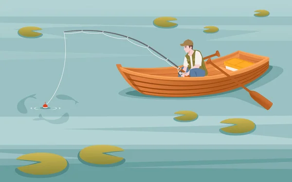 Fishermans Sits Wooden Boat Fishing Rod Vector Illustration Landspace Background — Stock Vector