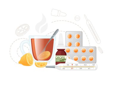 Burun damlası tabletli cam bardakta limonlu sıcak çay ve beyaz arka planda soğuk hastalık taşıyıcı illüstrasyonuna karşı ev yapımı tedaviler için termometre
