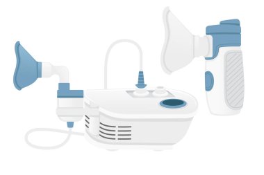 Oksijen terapisi maskeli medikal nebulizasyon cihazı beyaz arka planda nefes tedavisi ekipman temsilciliği