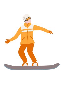 Beyaz snowboard ve turuncu kışlık ceketli yetişkin snowboardcu beyaz arka planda karakter tasarımı çizimi çizimi
