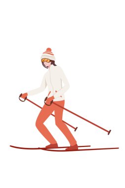 Female skier standing still with red ski and sticks and winter jacket cartoon character design vector illustration on white background