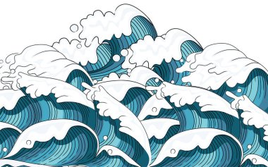El çizimi tarzı tsunami dalgası büyük mavi deniz dalgası kabataslak stil vektör illüstrasyon tasarımı beyaz arkaplan üzerine tasarım