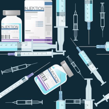 Mavi zemin üzerinde iğne vektörü çizimi için kusursuz tıbbi şırınga ve sıvı deseni.