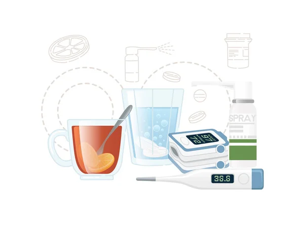 Set Medicine Treatment Hot Tea Pulse Oximeter Spray Vector Illustration — Stockvector