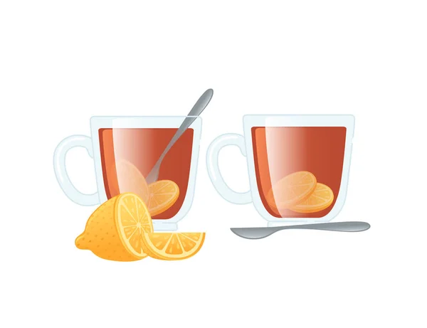 Ζεστό Τσάι Λεμόνι Γυάλινο Κύπελλο Τσάι Κουτάλι Για Θεραπείες Θεραπεία — Διανυσματικό Αρχείο