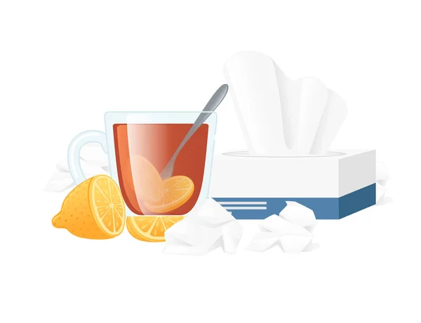 Hot Tea Lemon Glass Cup Spoon Tea Home Remedies Treatment — Vetor de Stock