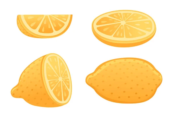 Set Fresh Lemon Fruit Whole Half Slice Piece Lemon Ready — Stock Vector