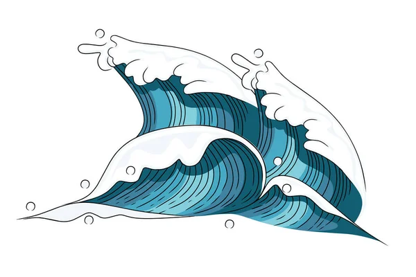 Estilo Dibujado Mano Onda Tsunami Gran Ola Mar Azul Estilo — Vector de stock