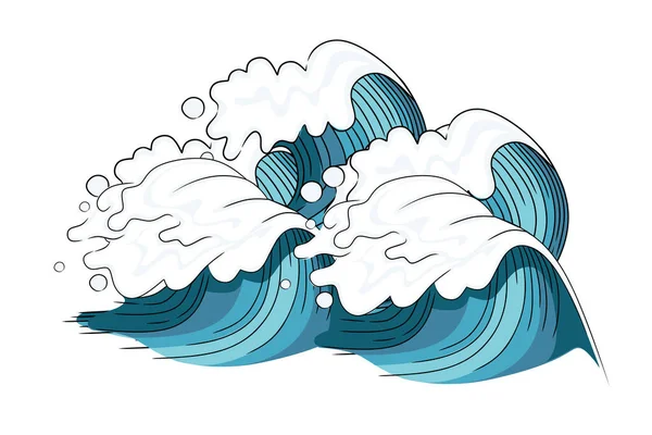 基于白色背景的素描矢量示意图的手绘型海啸巨浪蓝色海浪设计 — 图库矢量图片