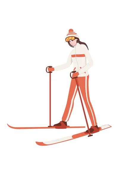 Female Skier Standing Still Red Ski Sticks Winter Jacket Cartoon — Wektor stockowy