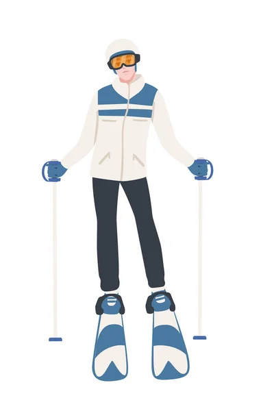 Мужчина Лыжник Стоящий Неподвижно Голубыми Лыжами Палками Векторной Иллюстрацией Дизайна — стоковый вектор