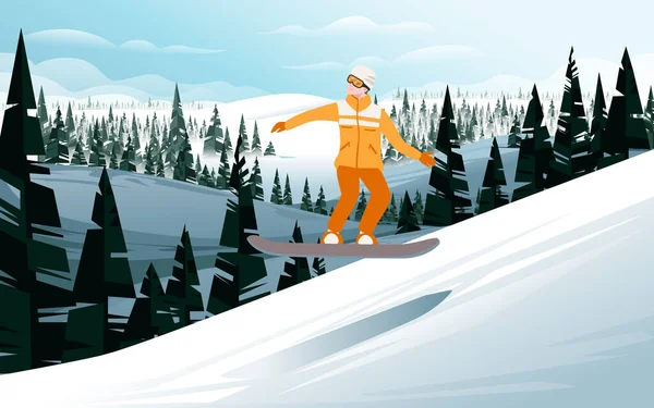 Snowboarder Speeding Mountain Snowboard Vector Illustration Snowy Mountain Evergreen Forest — Stock Vector