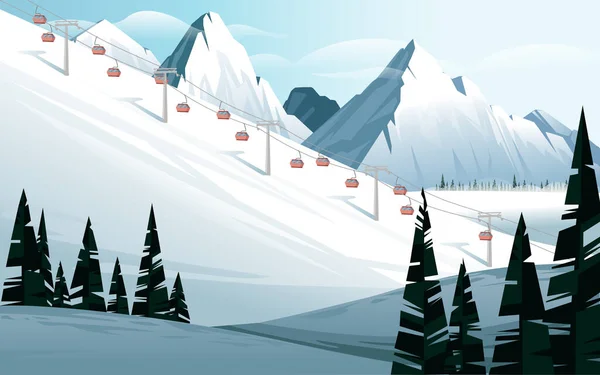 Vector Illustration Snowy Mountain Evergreen Forest Funicular Landscape —  Vetores de Stock